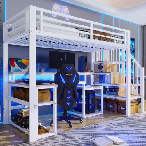 Lit Mezzanine 90x200 Cm Avec Structure En Métal Et Bureau Blanc