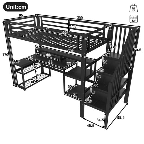 Lit Mezzanine 90x200 Cm Avec Structure Métal Et Mdf Noir