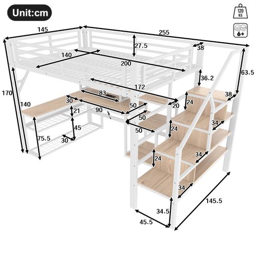 Lit Mezzanine 140x200 Cm Avec Structure Métal Et Mdf Blanc