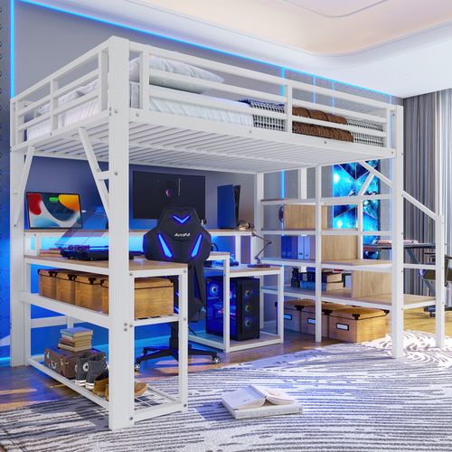 Lit Mezzanine 140x200 Cm Avec Structure Métal Et Mdf Blanc