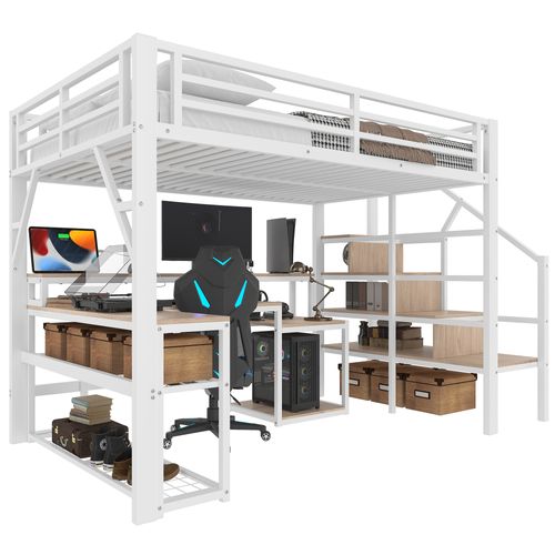 Lit Mezzanine 140x200 Cm Avec Structure Métal Et Mdf Blanc