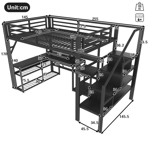 Lit Mezzanine 140x200 Cm Avec Structure Métallique Avec Bureau Noir