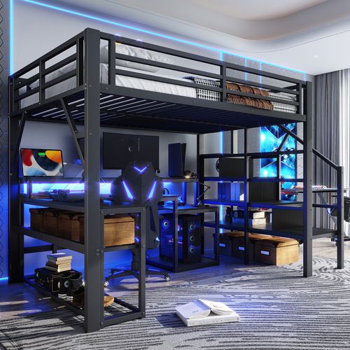 Lit Mezzanine 140x200 Cm Avec Structure Métallique Avec Bureau Noir