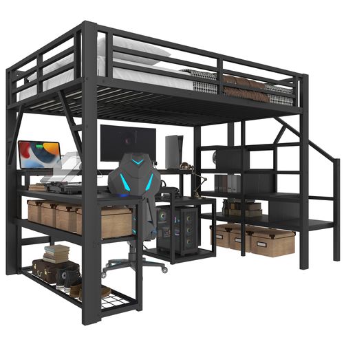 Lit Mezzanine 140x200 Cm Avec Structure Métallique Avec Bureau Noir