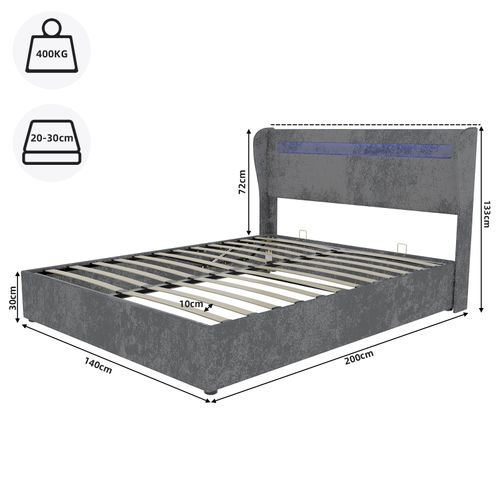 Lit Rembourré 140x200 Cm Avec Tête De Lit Intégrant LED Et Coffre De Rangement