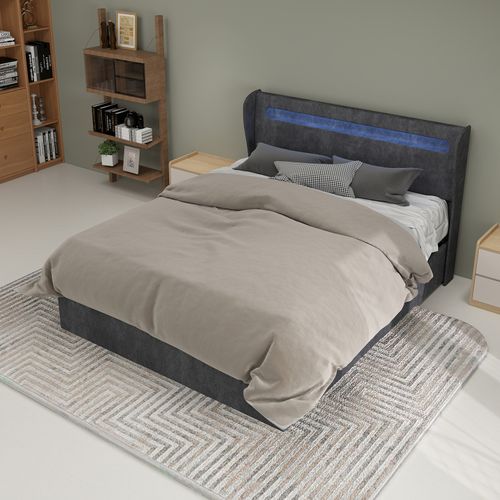 Lit Rembourré 140x200 Cm Avec Tête De Lit Intégrant LED Et Coffre De Rangement