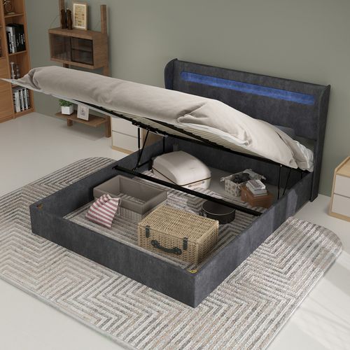 Lit Rembourré 140x200 Cm Avec Tête De Lit Intégrant LED Et Coffre De Rangement