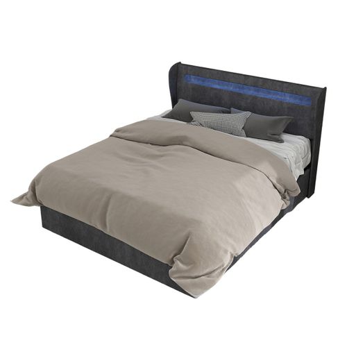 Lit Rembourré 140x200 Cm Avec Tête De Lit Intégrant LED Et Coffre De Rangement