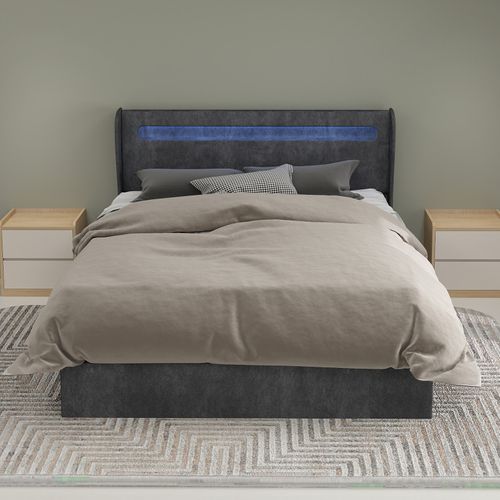 Lit Rembourré 140x200 Cm Avec Tête De Lit Intégrant LED Et Coffre De Rangement