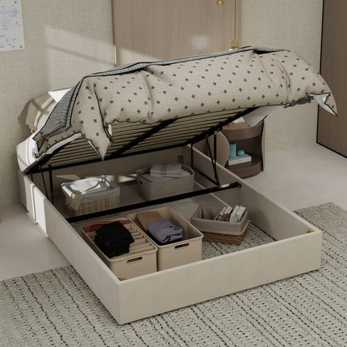 Lit Double 140x200 Cm Avec Structure En Tissu Beige Et Design Moderne