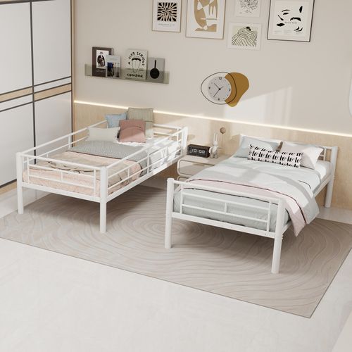 Lit Superposé 190x90cm Avec Structure En Métal Blanc Convertible En Deux Lits