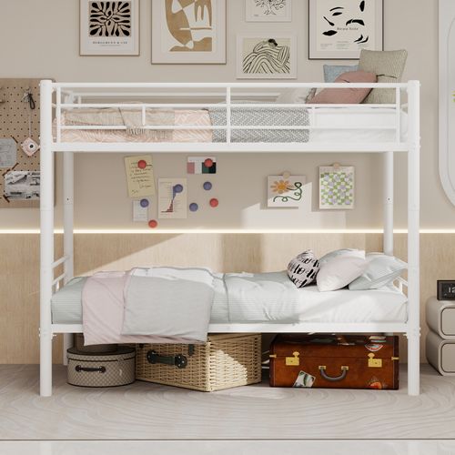 Lit Superposé 190x90cm Avec Structure En Métal Blanc Convertible En Deux Lits