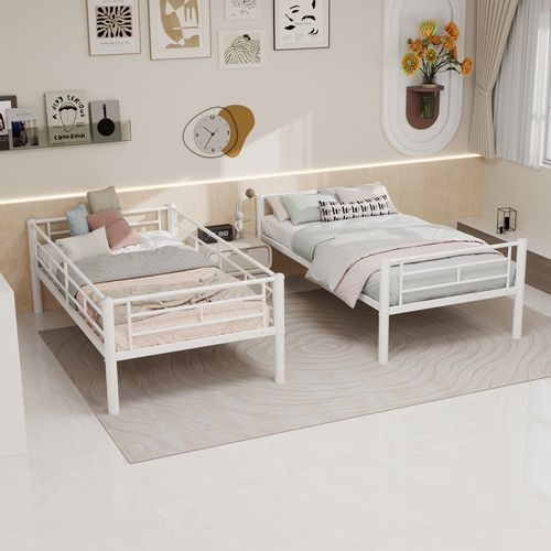 Lit Superposé 190x90cm Avec Structure En Métal Blanc Convertible En Deux Lits
