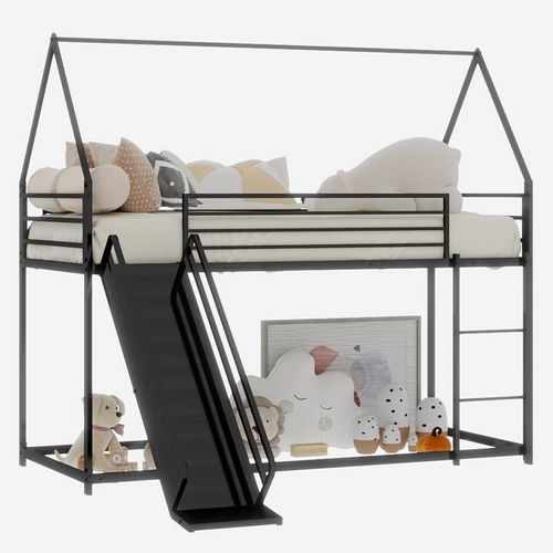 Lit Mezzanine 90X190 Noir Avec Toboggan Pour Enfants Et Échelle Intégrée