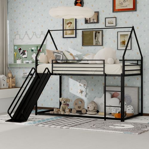 Lit Mezzanine 90X190 Noir Avec Toboggan Pour Enfants Et Échelle Intégrée