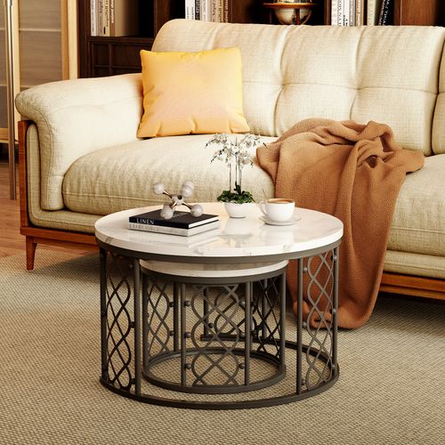 Table Basse Gigogne Moderne, Lot De 2 Tables Rondes Avec Placage Marbre Et Cadre Noir Pour Salon