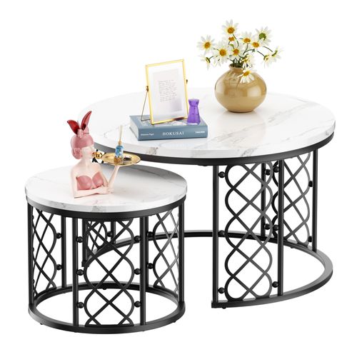 Table Basse Gigogne Moderne, Lot De 2 Tables Rondes Avec Placage Marbre Et Cadre Noir Pour Salon