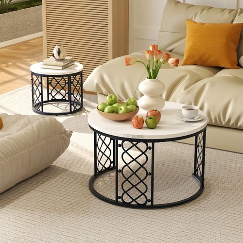 Table Basse Gigogne Moderne, Lot De 2 Tables Rondes Avec Placage Marbre Et Cadre Noir Pour Salon