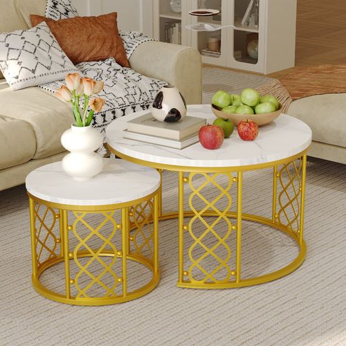 Table Basse Gigogne Moderne, Lot De 2 Tables Rondes Avec Placage Marbre Et Cadre Doré Pour Salon