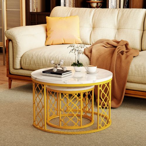 Table Basse Gigogne Moderne, Lot De 2 Tables Rondes Avec Placage Marbre Et Cadre Doré Pour Salon