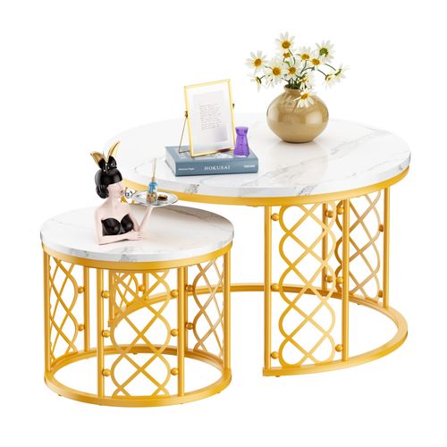 Table Basse Gigogne Moderne, Lot De 2 Tables Rondes Avec Placage Marbre Et Cadre Doré Pour Salon