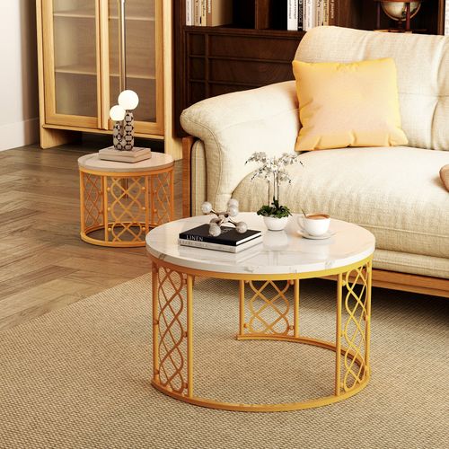 Table Basse Gigogne Moderne, Lot De 2 Tables Rondes Avec Placage Marbre Et Cadre Doré Pour Salon