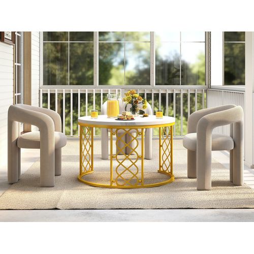 Table Basse Gigogne Moderne, Lot De 2 Tables Rondes Avec Placage Marbre Et Cadre Doré Pour Salon