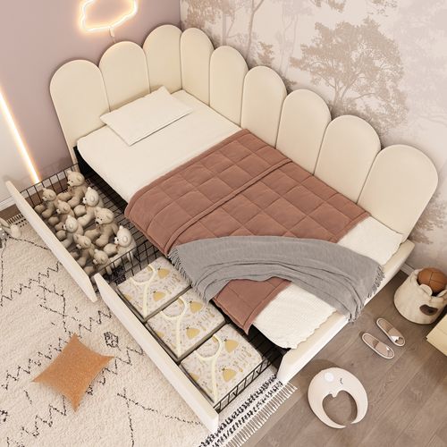 Lit Simple 90x200 Cm Avec 2 Tiroirs De Rangement Velours Beige