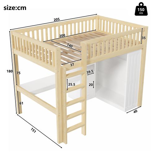 Lit Mezzanine 140x200 Cm Avec Structure En Pin Et Mdf Naturel