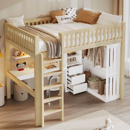 Lit Mezzanine 140x200 Cm Avec Structure En Pin Et Mdf Naturel