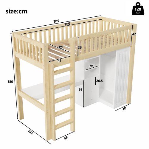 Lit Mezzanine 90x200 Cm Avec Structure Avec Bureau Intégré Naturel