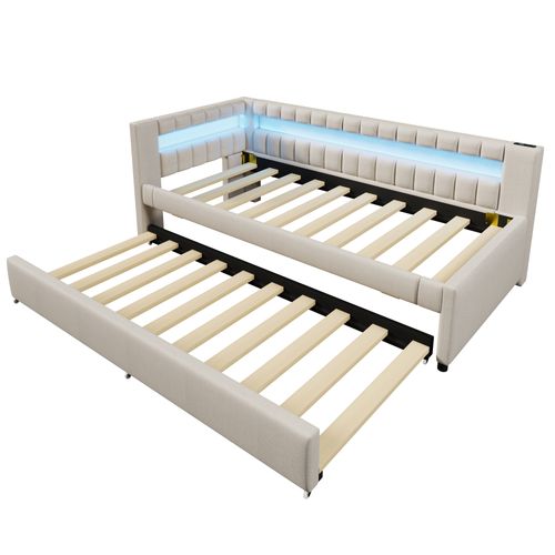 lit gigogne 90x200 Cm Avec Lit Gigogne Tête Rembourrée En Lin Beige