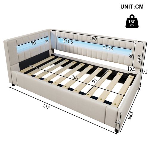 Lit Coffre 90x200 Cm Avec Coffre De Rangement Hydraulique Tissu Beige