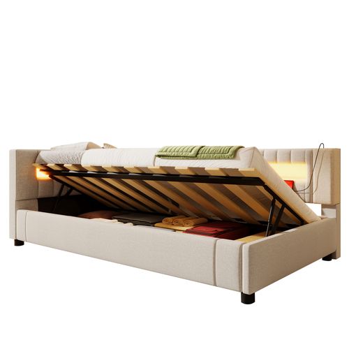 Lit Coffre 90x200 Cm Avec Coffre De Rangement Hydraulique Tissu Beige