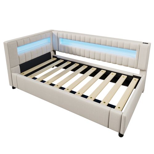 Lit Coffre 90x200 Cm Avec Coffre De Rangement Hydraulique Tissu Beige