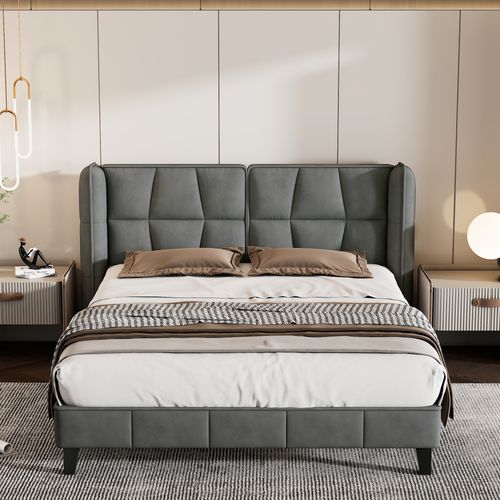 Lit Rembourré 140x200 Cm Avec Structure En Velours Gris Et Tête De Lit Confortable