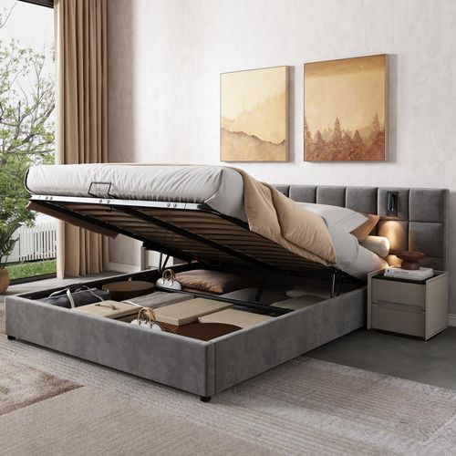 Lit Coffre 140x200 Cm Avec Tête De Lit Capitonnée Et Rangement Intégré