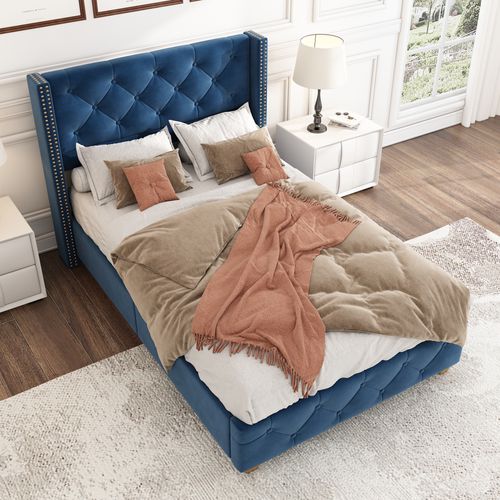 Lit Rembourré 90x200 Cm Avec Tête De Lit Capitonnée En Velours Bleu