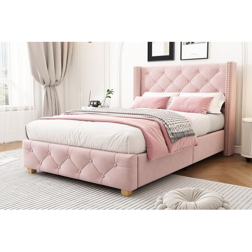 Lit Rembourré 90x200 Cm Avec Sommier à Lattes Et Tête De Lit Capitonnée En Velours Rose