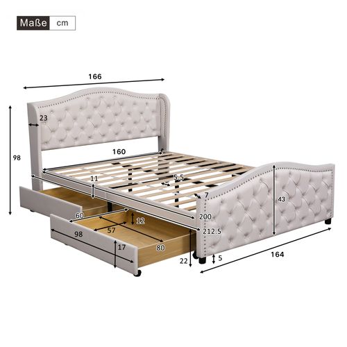 Lit Rembourré 160x200 Cm Avec Sommier Et Tiroirs De Rangement En Pu Blanc