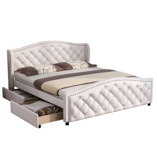 Lit Rembourré 160x200 Cm Avec Sommier Et Tiroirs De Rangement En Pu Blanc