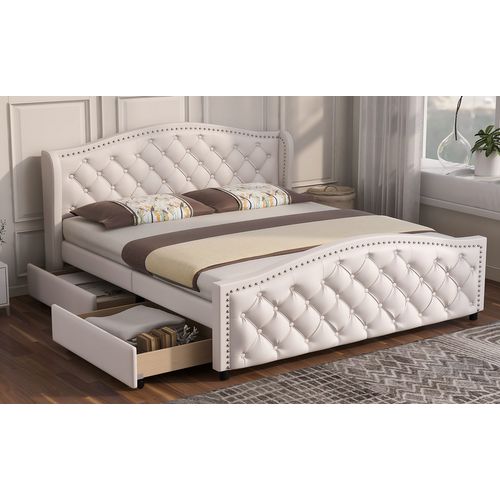 Lit Rembourré 160x200 Cm Avec Sommier Et Tiroirs De Rangement En Pu Blanc