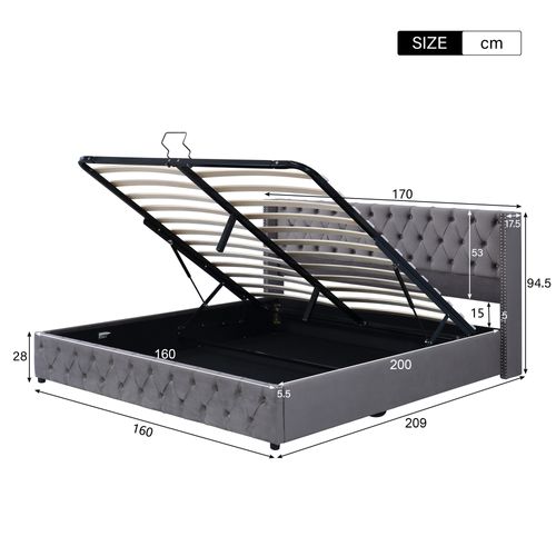Lit Rembourré 160x200 Cm Avec Structure Avec Coffre De Rangement En Velours Gris