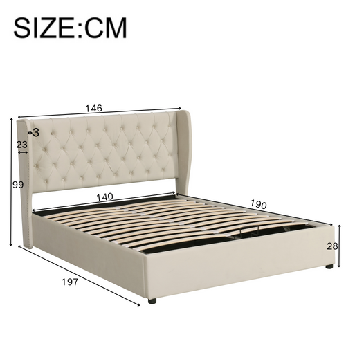 Lit Rembourré 140x190 Cm Avec Coffre De Rangement En Velours Beige
