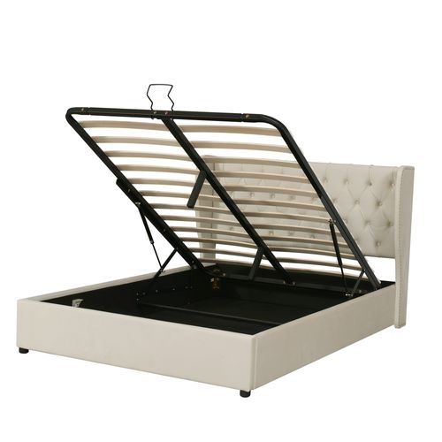 Lit Rembourré 140x190 Cm Avec Coffre De Rangement En Velours Beige