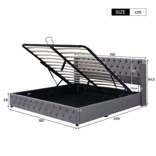 Lit Rembourré 180x200 Cm Avec Coffre De Rangement En Velours Gris