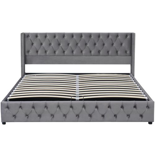 Lit Rembourré 180x200 Cm Avec Coffre De Rangement En Velours Gris