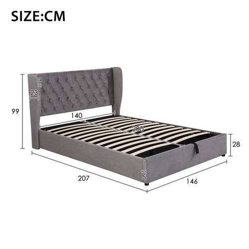 Lit Rembourré 140x200 Cm Avec Coffre De Rangement Et Tissu Velours Gris