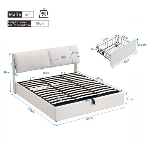 Lit Coffre 180x200 Cm Avec Structure Hydraulique Et Tête De Lit Rembourrée