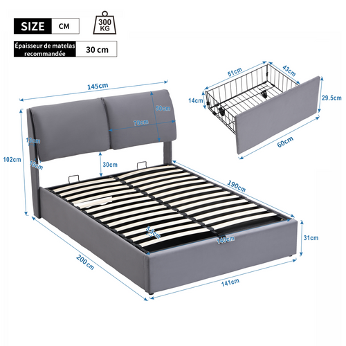 Lit Coffre 140x190 Cm Avec Sommier Hydraulique Et Tiroirs De Rangement